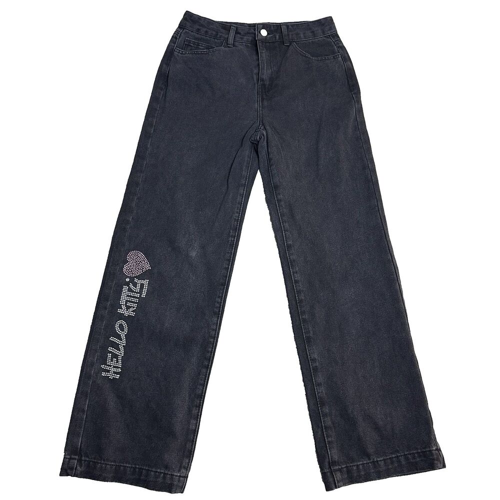 Forever 21 HelloKitty Girls Jeans Rhinestone Logo Black 14Y Wide Leg Y2K Kawaii